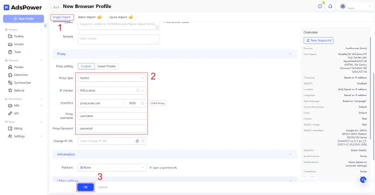 Adspower - Enter proxy details