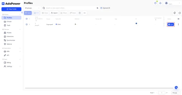 Adspower - start profile