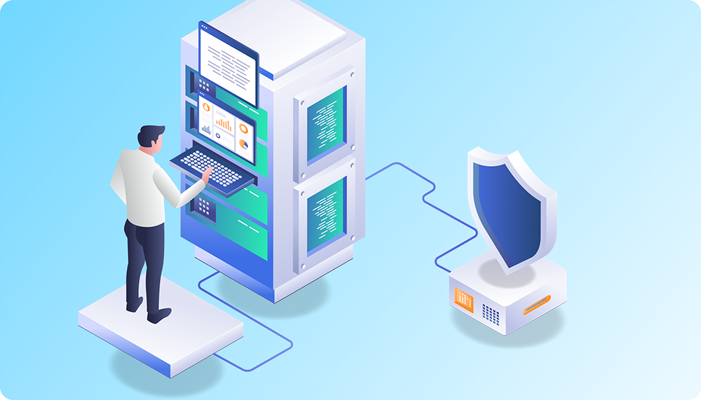 decorative image of a man standing at a datacenter server