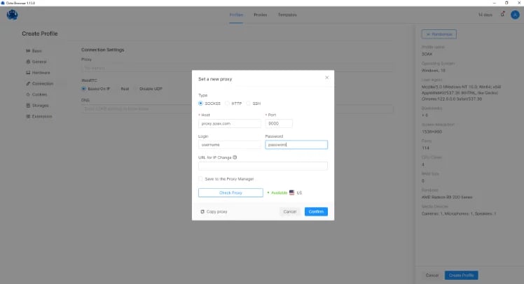 octobrowser - set up proxy